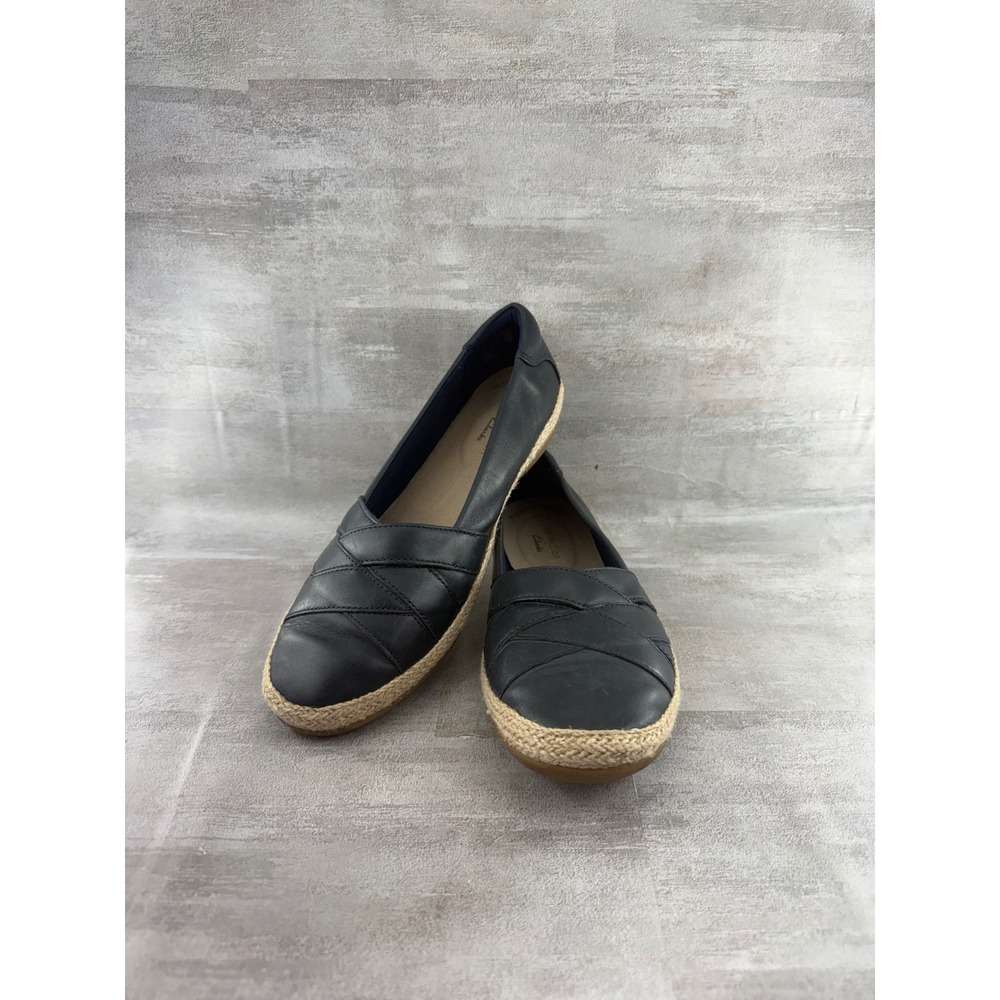 Clarks Collection Danelly Adira Navy Leather Espadrille Flats Shoes Women 7.5 M